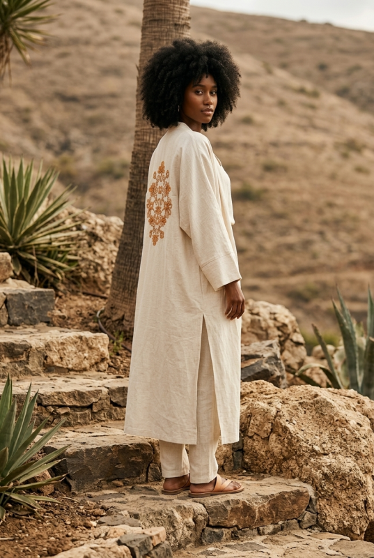 Kimono long écru pour femme avec grande broderie florale dorée au dos