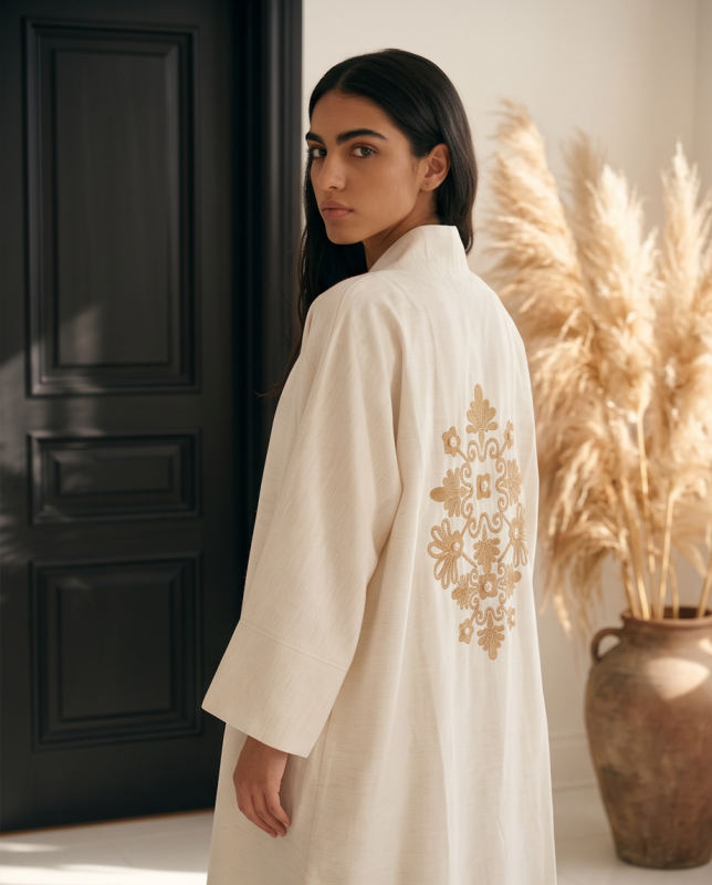 Kimono long écru pour femme avec grande broderie florale dorée au dos