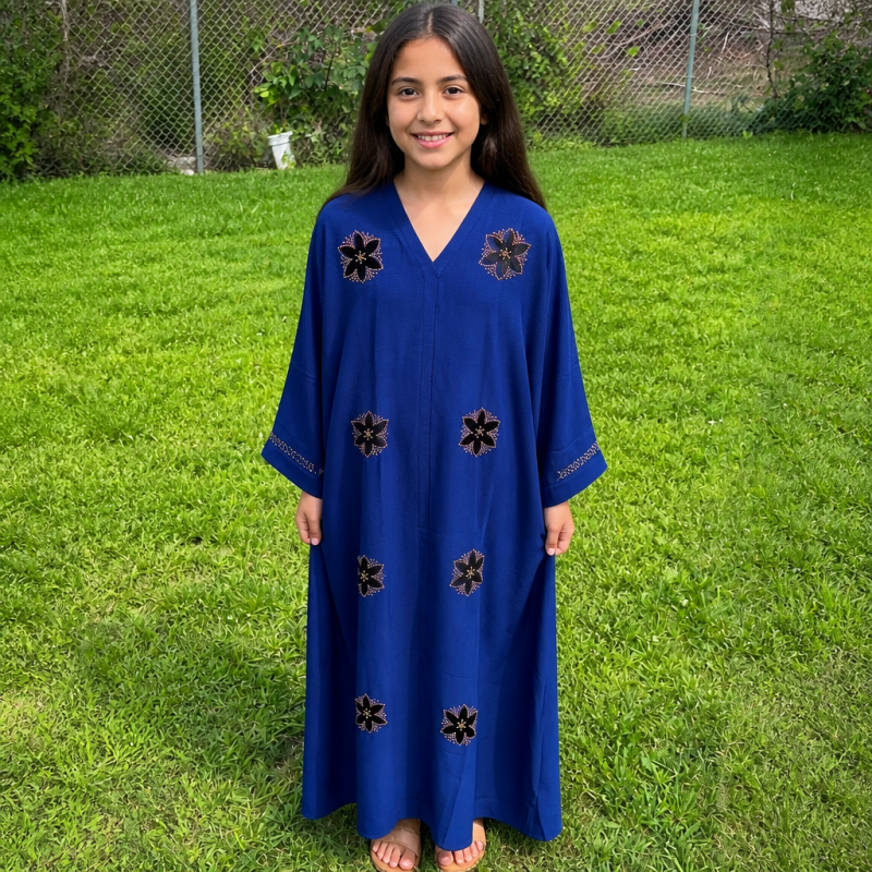 Abaya Bleu Royal à Motifs Floraux Brodés